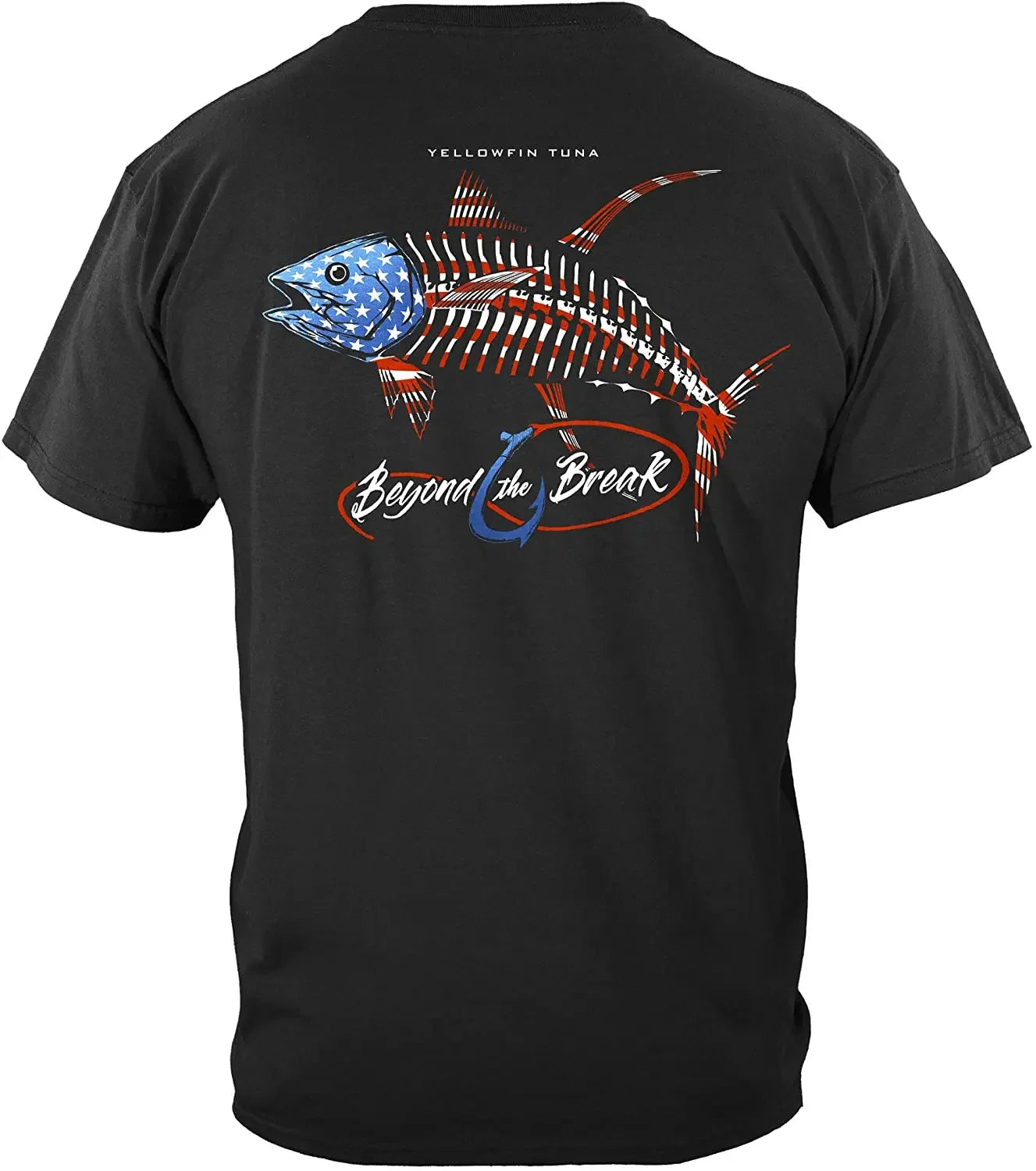 Camiseta patriótica de pesca con bandera estadounidense y atún